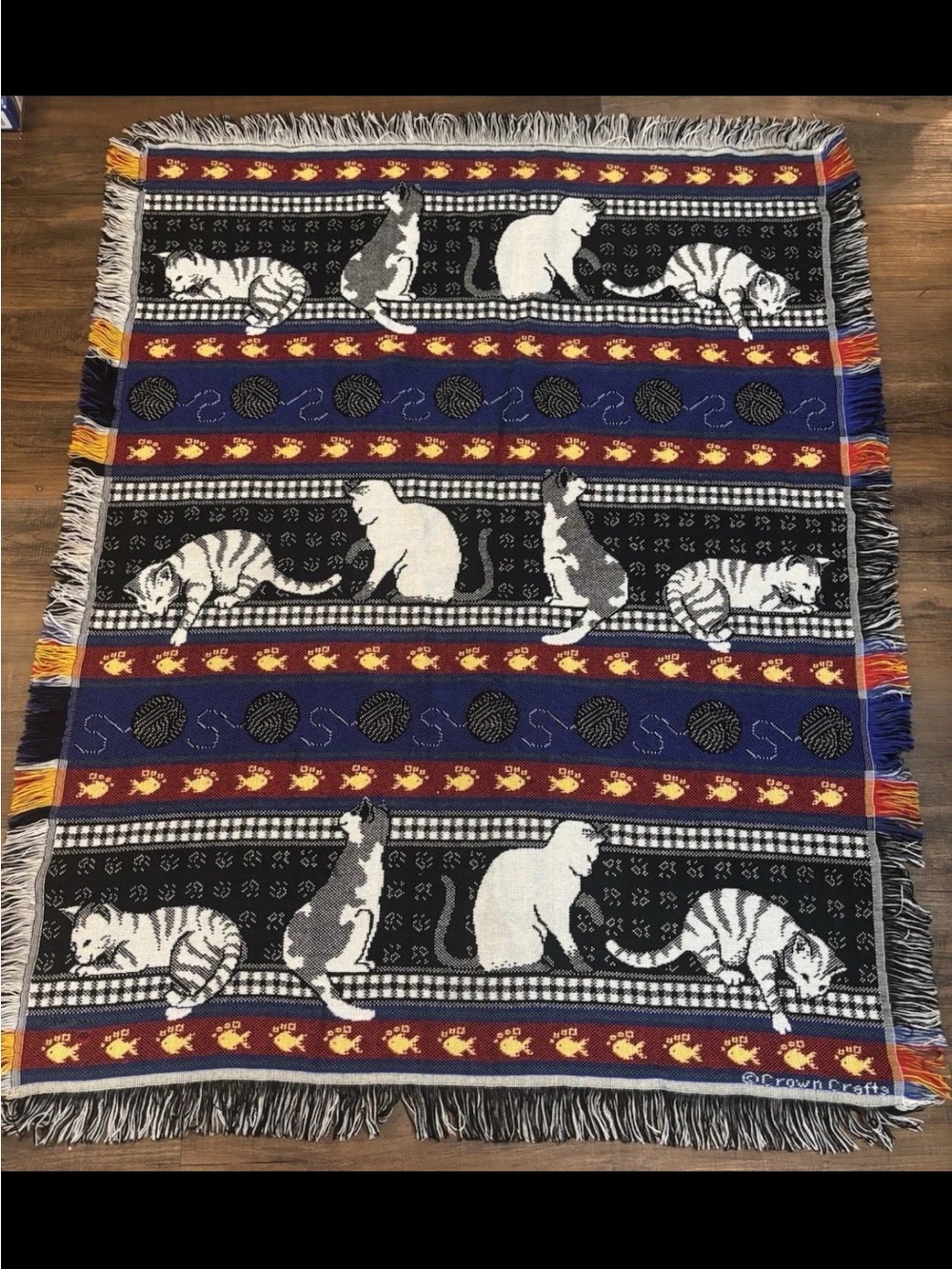 Vintage San Marcos Fringe Cat & Fish Tapestry Throw Blanket
